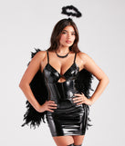 Black feather angel wings styled as a women’s dark angel costume from Windsor’s Halloween Costume Shop 2023.