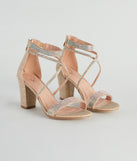 Glitter And Gleam Rhinestone Block Heels has high-heel or platform options for comfort while you dance and unique prom shoe details to compliment your 2024 Prom dress!