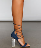 Denim Days Lucite Block Heel is a trendy pick to create 2023 concert outfits, festival dresses, outfits for raves, or to complete your best party outfits or clubwear!