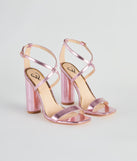 Memorable Shine Metallic Round Block Heels has high-heel or platform options for comfort while you dance and unique homecoming shoe details to compliment your 2023 Homecoming dress!