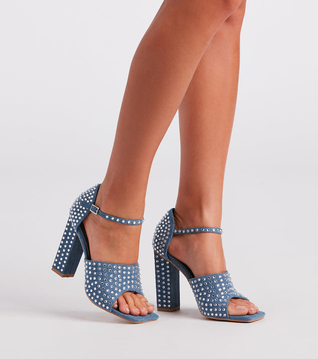 Trendy Diva Rhinestone Denim Block Heels is a fire pick to create 2023 festival outfits, concert dresses, outfits for raves, or to complete your best party outfits or clubwear!