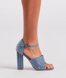 Trendy Diva Rhinestone Denim Block Heels is a fire pick to create 2023 festival outfits, concert dresses, outfits for raves, or to complete your best party outfits or clubwear!