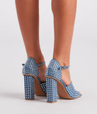 Trendy Diva Rhinestone Denim Block Heels is a fire pick to create 2023 festival outfits, concert dresses, outfits for raves, or to complete your best party outfits or clubwear!
