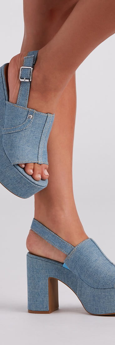 In My Jeans Denim Sling Back Platform Heels is a trendy pick to create 2023 concert outfits, festival dresses, outfits for raves, or to complete your best party outfits or clubwear!