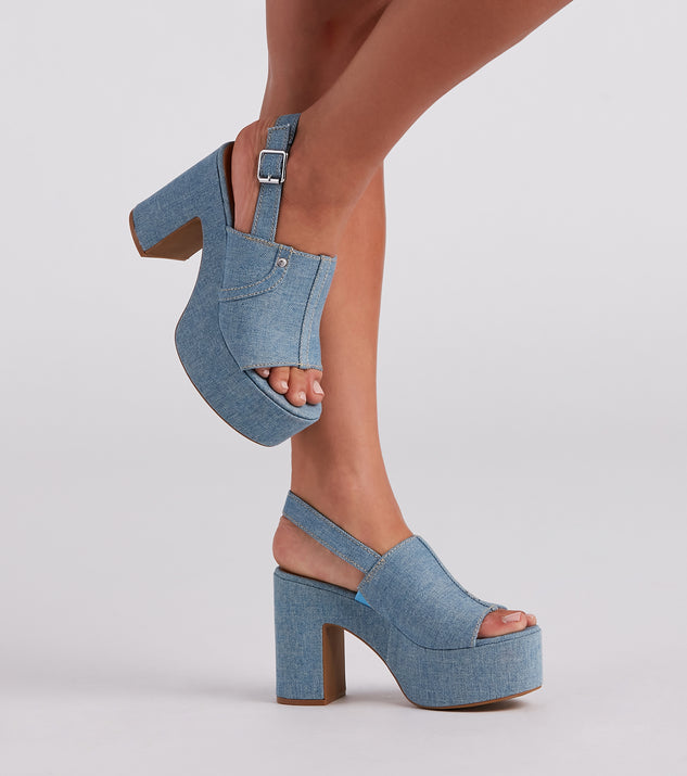 In My Jeans Denim Sling Back Platform Heels is a trendy pick to create 2023 concert outfits, festival dresses, outfits for raves, or to complete your best party outfits or clubwear!