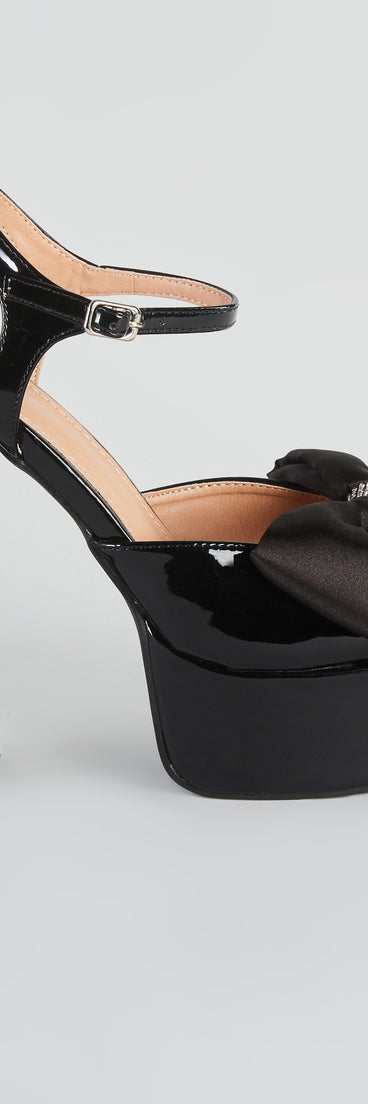 Gifted With Style Patent Bow Platform Heels has high-heel or platform options for comfort while you dance and unique homecoming shoe details to compliment your 2023 Homecoming dress!