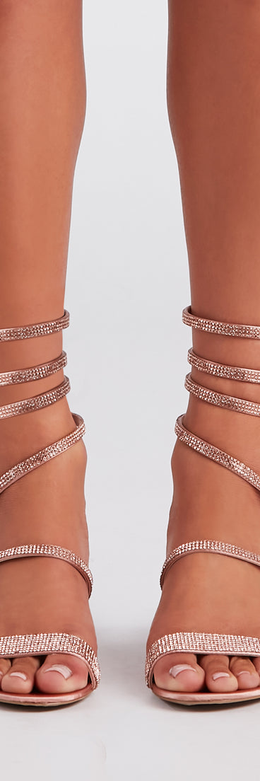 Cue The Glamour Satin Rhinestone Sprial Heels has high-heel or platform options for comfort while you dance and unique homecoming shoe details to compliment your 2023 Homecoming dress!