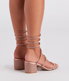 Cue The Glamour Satin Rhinestone Sprial Heels has high-heel or platform options for comfort while you dance and unique homecoming shoe details to compliment your 2023 Homecoming dress!