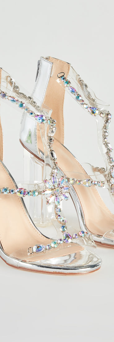 Iridescent Glow Gemstone Clear Block Heels has high-heel or platform options for comfort while you dance and unique homecoming shoe details to compliment your 2023 Homecoming dress!