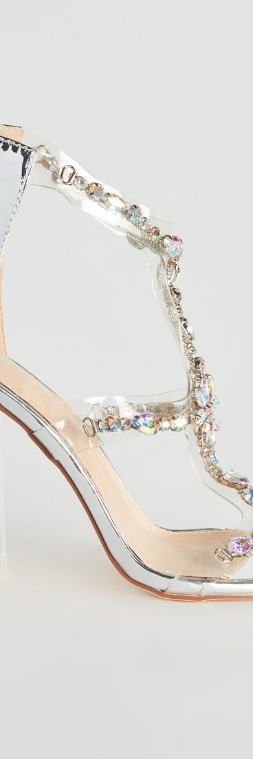 Iridescent Glow Gemstone Clear Block Heels has high-heel or platform options for comfort while you dance and unique homecoming shoe details to compliment your 2023 Homecoming dress!