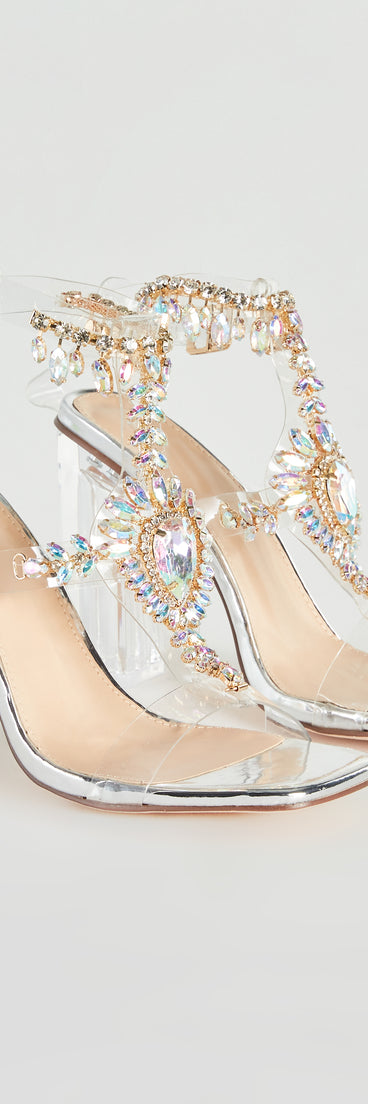 Midnight Glamour Iridescent Gemstone Clear Heels are chic ladies' shoes to complete your best 2023 outfits. They come in a variety of trendy women's shoe styles like platforms and dressy low-heels, & are available in wide widths for better comfort.