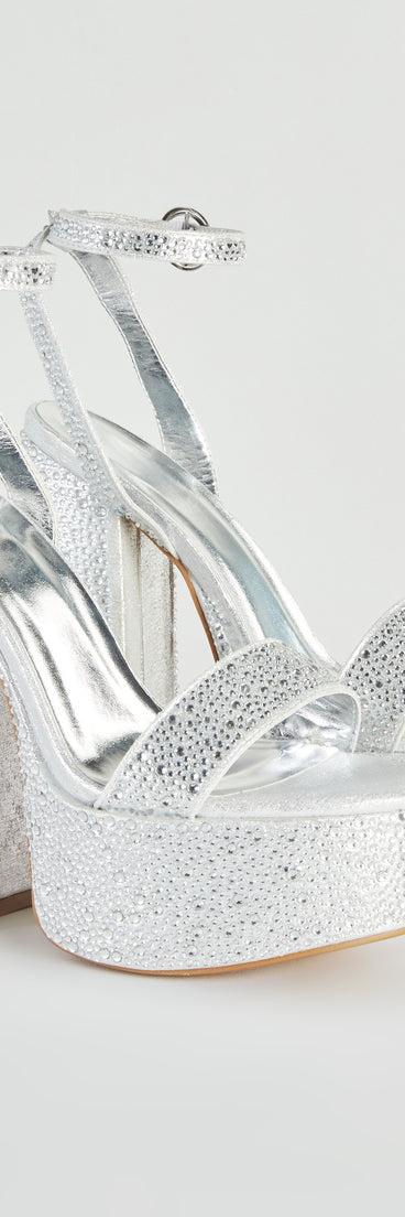 Amp Up The Glam Rhinestone Chrome Platform Heels has high-heel or platform options for comfort while you dance and unique homecoming shoe details to compliment your 2023 Homecoming dress!