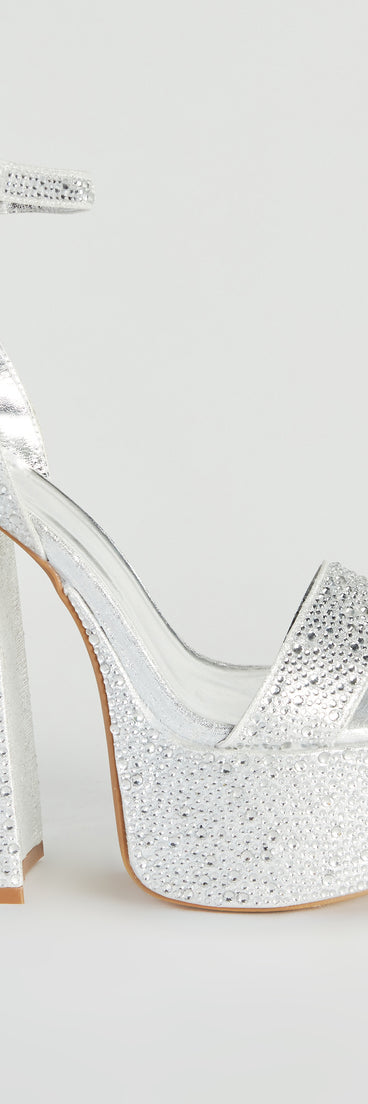Amp Up The Glam Rhinestone Chrome Platform Heels has high-heel or platform options for comfort while you dance and unique homecoming shoe details to compliment your 2023 Homecoming dress!