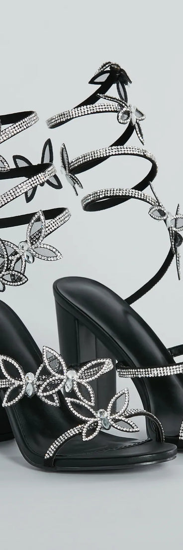 Glamour Butterfly Rhinestone Spiral Block Heels