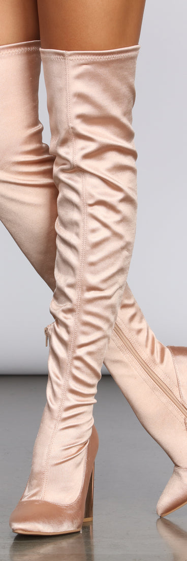 Satin Over The Knee Boots for 2022 festival outfits, festival dress, outfits for raves, concert outfits, and/or club outfits