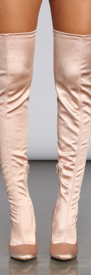 Satin Over The Knee Boots for 2022 festival outfits, festival dress, outfits for raves, concert outfits, and/or club outfits