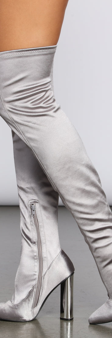 Satin Over The Knee Boots for 2022 festival outfits, festival dress, outfits for raves, concert outfits, and/or club outfits