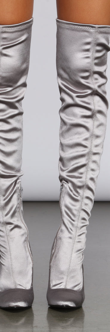 Satin Over The Knee Boots for 2022 festival outfits, festival dress, outfits for raves, concert outfits, and/or club outfits