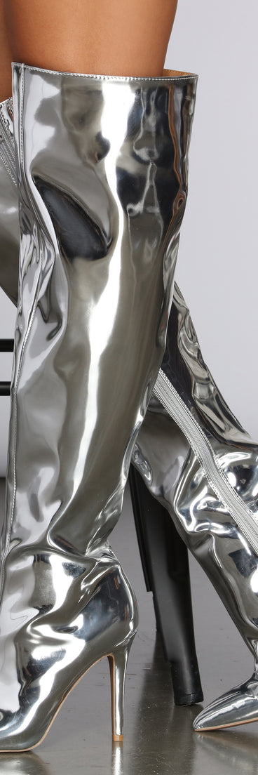 Mirrored Over The Knee Stiletto Boots are chic ladies' shoes to complete your best 2023 outfits. They come in a variety of trendy women's shoe styles like platforms and dressy low-heels, & are available in wide widths for better comfort.
