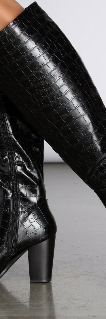 Crocodile Embossed Knee High Boots are chic ladies' shoes to complete your best 2023 outfits. They come in a variety of trendy women's shoe styles like platforms and dressy low-heels, & are available in wide widths for better comfort.