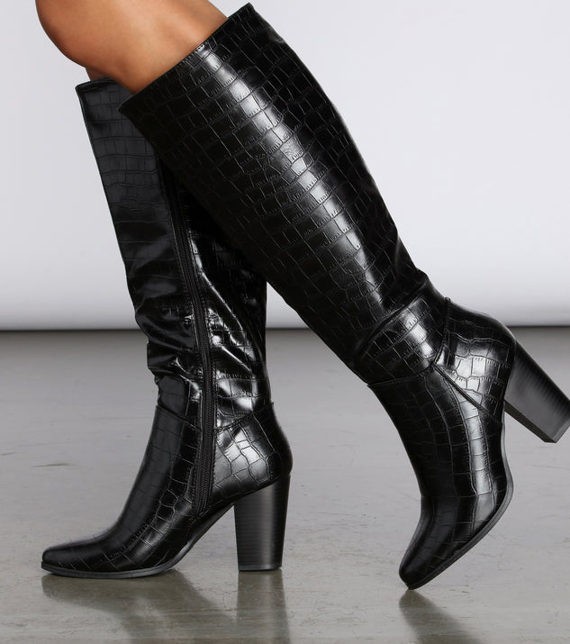 Crocodile Embossed Knee High Boots are chic ladies' shoes to complete your best 2023 outfits. They come in a variety of trendy women's shoe styles like platforms and dressy low-heels, & are available in wide widths for better comfort.