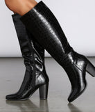 Crocodile Embossed Knee High Boots are chic ladies' shoes to complete your best 2023 outfits. They come in a variety of trendy women's shoe styles like platforms and dressy low-heels, & are available in wide widths for better comfort.