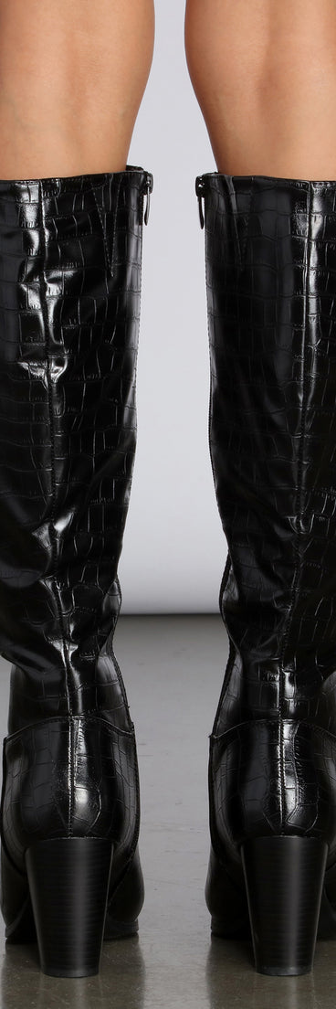 Crocodile Embossed Knee High Boots are chic ladies' shoes to complete your best 2023 outfits. They come in a variety of trendy women's shoe styles like platforms and dressy low-heels, & are available in wide widths for better comfort.