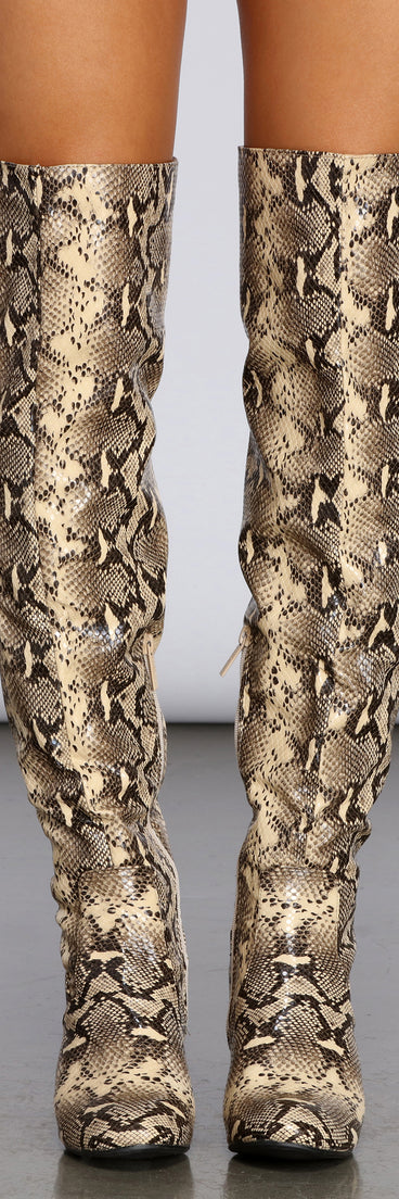 Thigh High Snake Print Boots for 2022 festival outfits, festival dress, outfits for raves, concert outfits, and/or club outfits