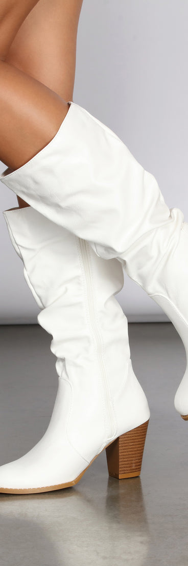 Faux Leather Slouched Knee-High Boots are chic ladies' shoes to complete your best 2023 outfits. They come in a variety of trendy women's shoe styles like platforms and dressy low-heels, & are available in wide widths for better comfort.