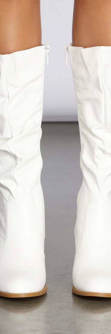 Faux Leather Slouched Knee-High Boots are chic ladies' shoes to complete your best 2023 outfits. They come in a variety of trendy women's shoe styles like platforms and dressy low-heels, & are available in wide widths for better comfort.