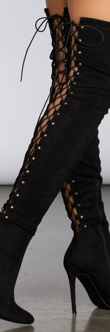 Lace Back Stiletto Boots for 2022 festival outfits, festival dress, outfits for raves, concert outfits, and/or club outfits