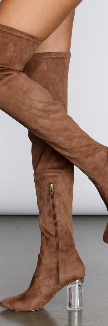 Clearly Into You Thigh High Boots are chic ladies' shoes to complete your best 2023 outfits. They come in a variety of trendy women's shoe styles like platforms and dressy low-heels, & are available in wide widths for better comfort.