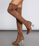 Clearly Into You Thigh High Boots are chic ladies' shoes to complete your best 2023 outfits. They come in a variety of trendy women's shoe styles like platforms and dressy low-heels, & are available in wide widths for better comfort.
