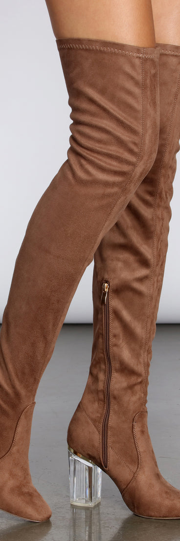 Clearly Into You Thigh High Boots are chic ladies' shoes to complete your best 2023 outfits. They come in a variety of trendy women's shoe styles like platforms and dressy low-heels, & are available in wide widths for better comfort.