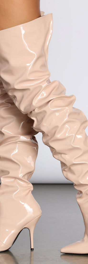 Preciously Patent Scrunched Boots for 2022 festival outfits, festival dress, outfits for raves, concert outfits, and/or club outfits