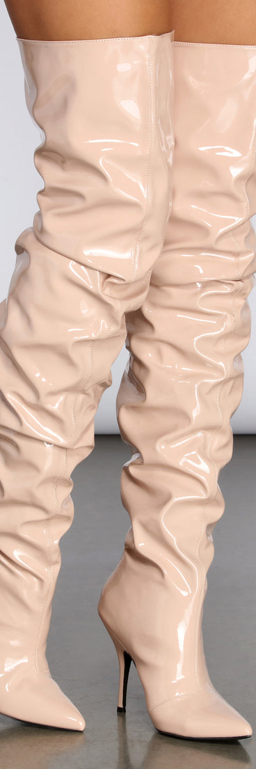 Preciously Patent Scrunched Boots for 2022 festival outfits, festival dress, outfits for raves, concert outfits, and/or club outfits