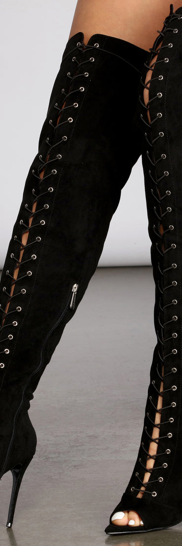 Doin' Damage Peep Toe Thigh High Stiletto Boots are chic ladies' shoes to complete your best 2023 outfits. They come in a variety of trendy women's shoe styles like platforms and dressy low-heels, & are available in wide widths for better comfort.