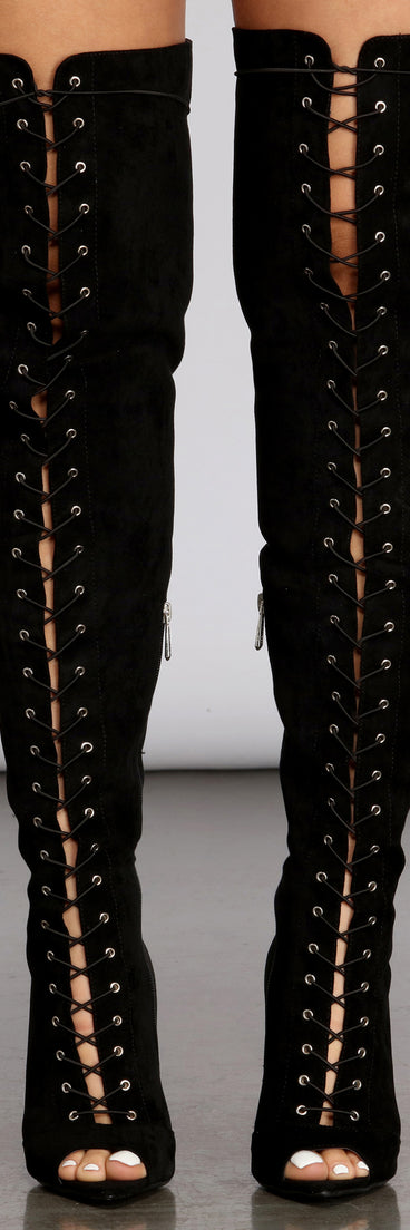 Doin' Damage Peep Toe Thigh High Stiletto Boots are chic ladies' shoes to complete your best 2023 outfits. They come in a variety of trendy women's shoe styles like platforms and dressy low-heels, & are available in wide widths for better comfort.