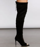 Doin' Damage Peep Toe Thigh High Stiletto Boots are chic ladies' shoes to complete your best 2023 outfits. They come in a variety of trendy women's shoe styles like platforms and dressy low-heels, & are available in wide widths for better comfort.