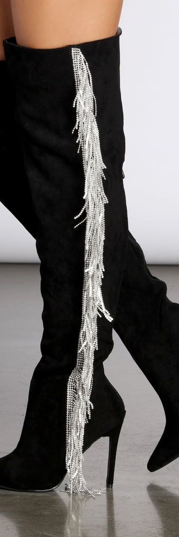 Living In The Limelight Fringe Thigh High Boots are chic ladies' shoes to complete your best 2023 outfits. They come in a variety of trendy women's shoe styles like platforms and dressy low-heels, & are available in wide widths for better comfort.