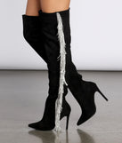Living In The Limelight Fringe Thigh High Boots are chic ladies' shoes to complete your best 2023 outfits. They come in a variety of trendy women's shoe styles like platforms and dressy low-heels, & are available in wide widths for better comfort.