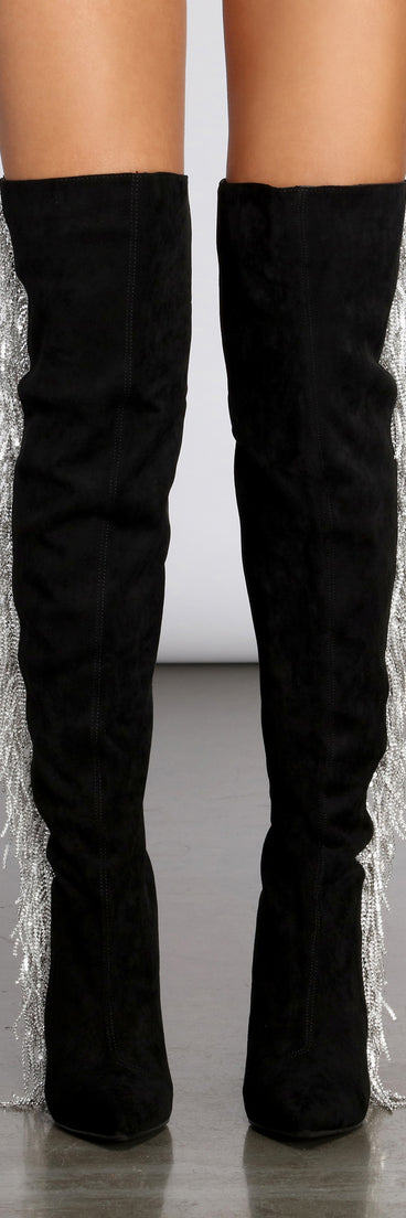 Living In The Limelight Fringe Thigh High Boots are chic ladies' shoes to complete your best 2023 outfits. They come in a variety of trendy women's shoe styles like platforms and dressy low-heels, & are available in wide widths for better comfort.