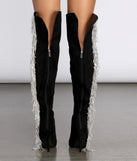 Living In The Limelight Fringe Thigh High Boots are chic ladies' shoes to complete your best 2023 outfits. They come in a variety of trendy women's shoe styles like platforms and dressy low-heels, & are available in wide widths for better comfort.