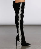 Living In The Limelight Fringe Thigh High Boots are chic ladies' shoes to complete your best 2023 outfits. They come in a variety of trendy women's shoe styles like platforms and dressy low-heels, & are available in wide widths for better comfort.