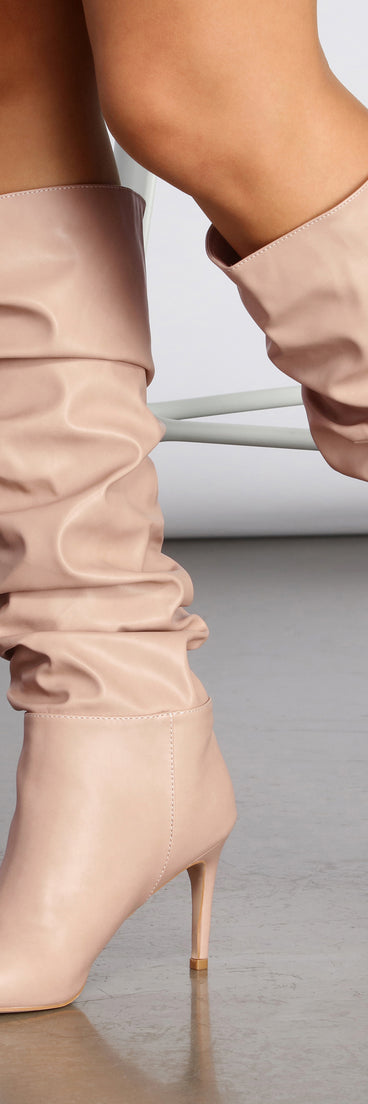 Scrunched Knee-High Stiletto Boots are chic ladies' shoes to complete your best 2023 outfits. They come in a variety of trendy women's shoe styles like platforms and dressy low-heels, & are available in wide widths for better comfort.