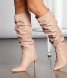 Scrunched Knee-High Stiletto Boots are chic ladies' shoes to complete your best 2023 outfits. They come in a variety of trendy women's shoe styles like platforms and dressy low-heels, & are available in wide widths for better comfort.