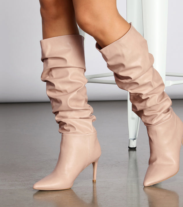 Scrunched Knee-High Stiletto Boots are chic ladies' shoes to complete your best 2023 outfits. They come in a variety of trendy women's shoe styles like platforms and dressy low-heels, & are available in wide widths for better comfort.