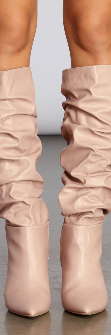 Scrunched Knee-High Stiletto Boots are chic ladies' shoes to complete your best 2023 outfits. They come in a variety of trendy women's shoe styles like platforms and dressy low-heels, & are available in wide widths for better comfort.