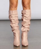 Scrunched Knee-High Stiletto Boots are chic ladies' shoes to complete your best 2023 outfits. They come in a variety of trendy women's shoe styles like platforms and dressy low-heels, & are available in wide widths for better comfort.
