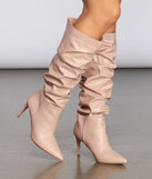Scrunched Knee-High Stiletto Boots are chic ladies' shoes to complete your best 2023 outfits. They come in a variety of trendy women's shoe styles like platforms and dressy low-heels, & are available in wide widths for better comfort.
